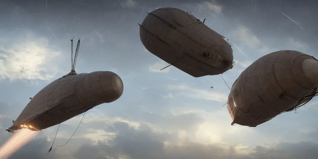 Prompt: highly detailed an airship that flies through a storm and shines into the sky with searchlights and it has spldaten on it, the pratolire next to it are flying somewhat smaller airships that are about to crash and burn, 4 k, photorealistic, unreal 5