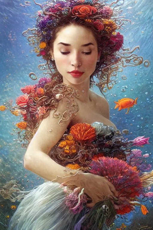 Image similar to portrait of a beautiful mysterious woman holding a bouquet of flowing flowers, hair flowing upwards, small bubbles from her mouth, hands hidden under the bouquet, submerged underwater filled with colorful small fish and coral reef, fantasy, regal, intricate, by stanley artgerm lau, greg rutkowski, thomas kindkade, alphonse mucha, loish, norman rockwell