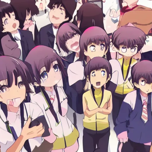 Prompt: crowd of human boys surrounding cute anime girl