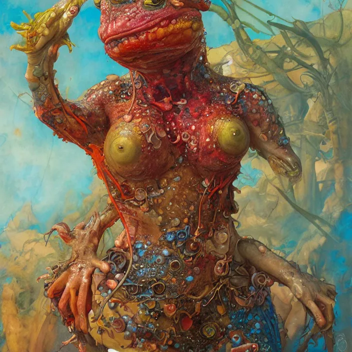 Prompt: a portrait photograph of a beautiful brightly colored amphibian female with wet mutated skin. she wearing a tactical suit and has many body modifications. by tom bagshaw, donato giancola, hans holbein, walton ford, gaston bussiere, brian froud, peter mohrbacher and magali villeneuve. 8 k, fashion editorial, cgsociety