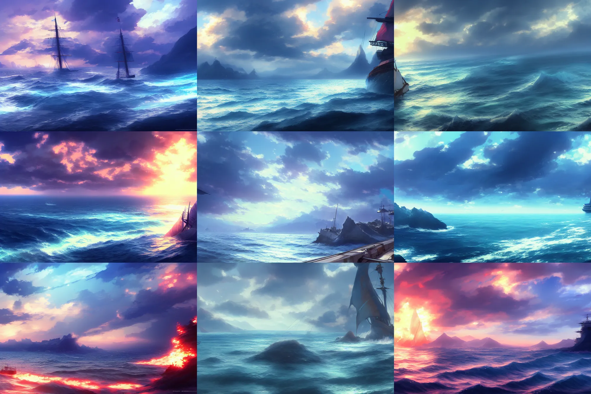 Prompt: Wallpaper anime blue water, sinking ship on fire, far away, landscape, gorgeous scenery, Cushart Krenz, Shinkai Makoto, by Lluluchwan, lots of details, highly detailed, 4k