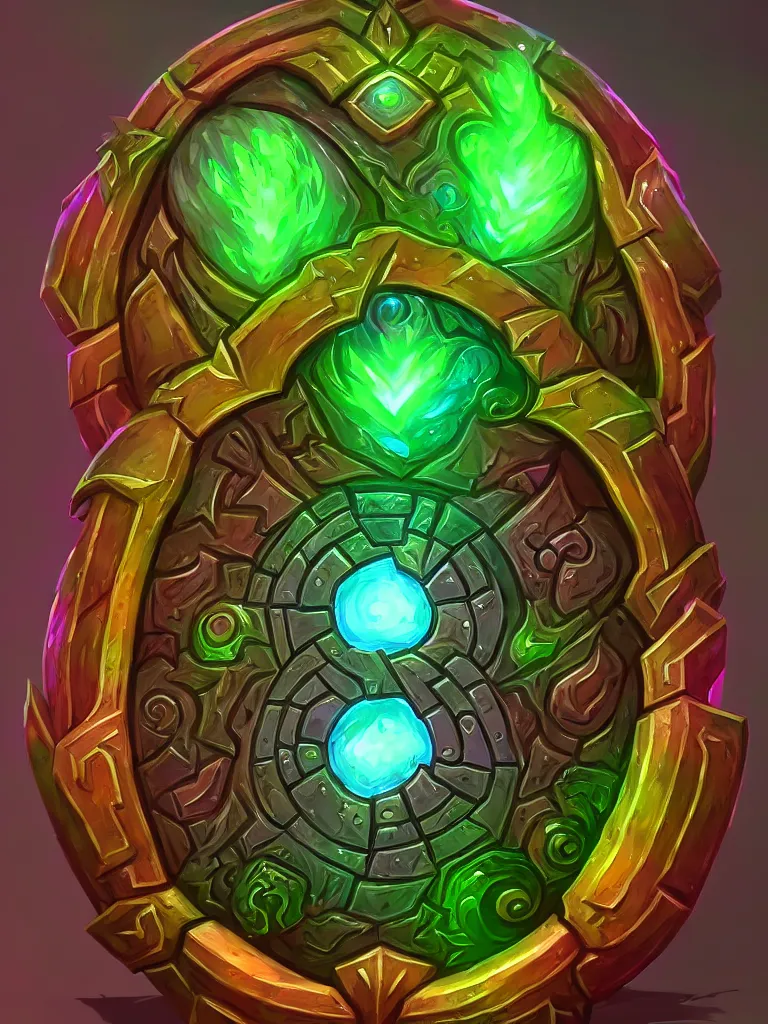 Image similar to square bright shield of warcraft blizzard shield art, a spiral colorful gems shield. bright art masterpiece artstation. tree and roots shield, 8 k, sharp high quality illustration in style of jose daniel cabrera pena and leonid kozienko, green colored theme, concept art by tooth wu, card frame