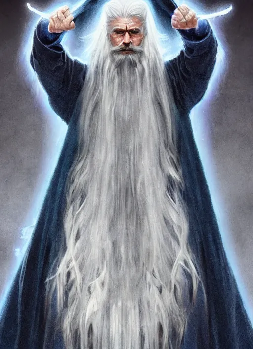 Image similar to medium - length portrait of a male wizard, arcane sigils hovering over his hands, with long white hair and glowing blue eyes, long white beard, dark brown skin, stern expression, wears a long robe, medieval setting, dramatic pose, highly detailed, digital painting, artstation, concept art, sharp focus, illustration, art by greg rutkowski and alphonse mucha