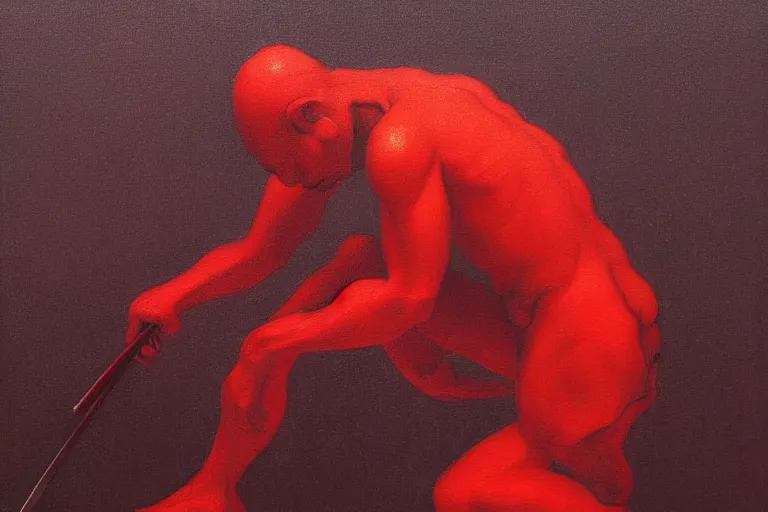 Image similar to only with red, a red samurai do seppuku, tokio, a lot of frogs watch, in the style of beksinski, parts by edward hopper, parts by rodcenko, parts by yue minjun, intricate and epic composition, red by caravaggio, insanely quality, highly detailed, masterpiece, red light, artstation, 4 k