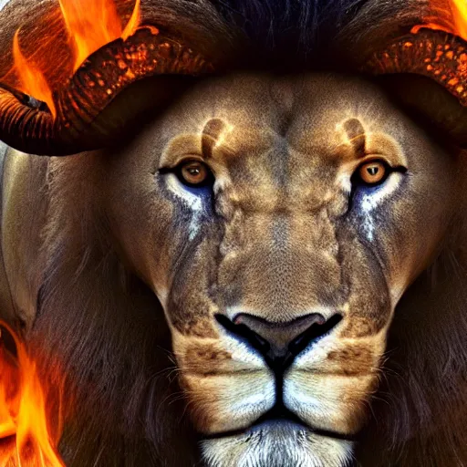 Image similar to a ram horns with a lion's mane on fire snake body 4k