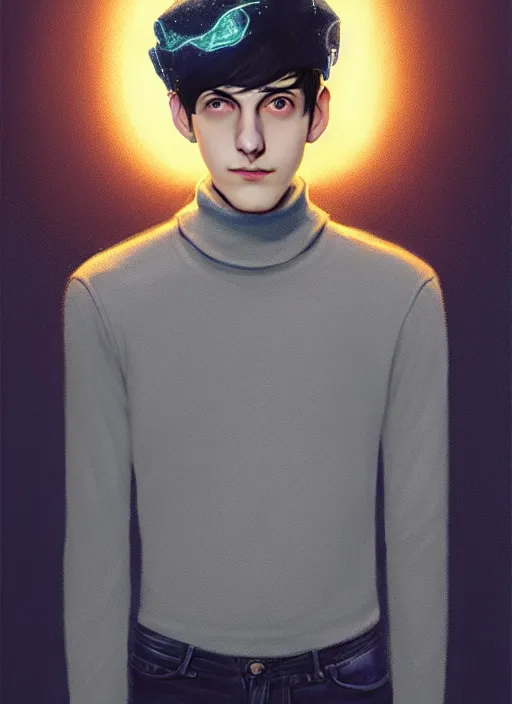 Image similar to portrait of teenage jughead jones wearing a light grey crown, crown, blue turtleneck, closed eyes, photorealistic, black hair, glowing lighting, intricate, elegant, glowing lights, highly detailed, digital painting, artstation, concept art, smooth, sharp focus, illustration, art by wlop, mars ravelo and greg rutkowski