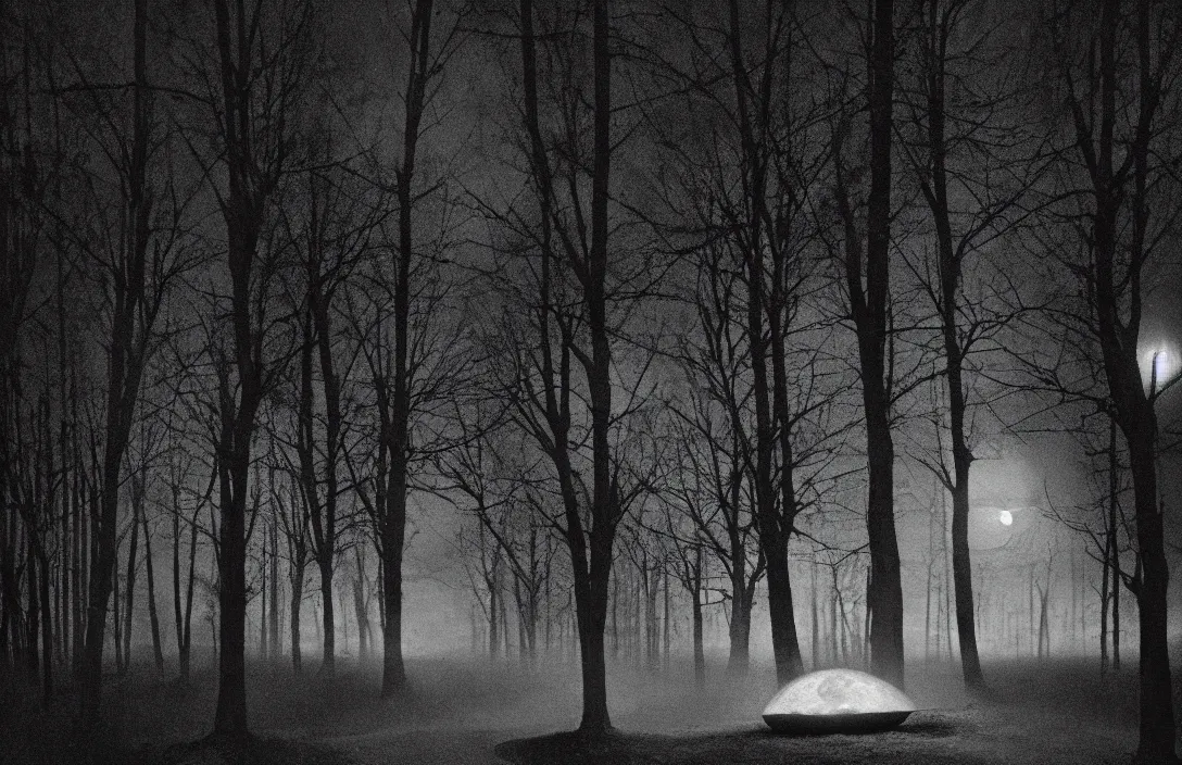 Image similar to virtuoso painting moon visible through the trees fine art radiating line compositions intact flawless ambrotype from 4 k criterion collection remastered cinematography gory horror film, ominous lighting, evil theme wow photo realistic postprocessing vertiginous render by gregory crewdson