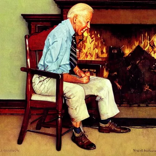 Prompt: eye level portrait painting by Norman Rockwell of Joe Biden sitting in a chair. Cozy fire. Legs apart