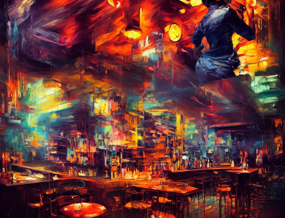 Prompt: highly detailed expressionist oil painting of dark retro bar, neon, expressive, impasto, pastel shades, rough canvas textured, dynamic pose, top lighting, fine brush strokes, perfect face, hyper detailed face, digital painting, artstation, concept art, hyper detailed eyes, art by sam spratt and peter mohrbacher and james jean