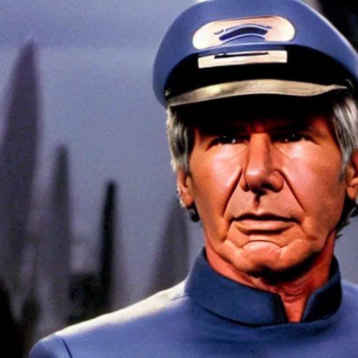 Image similar to A still of Harrison Ford as Commander Adama in Battlestar Galactica (2003) wearing a dark blue uniform, a Cylon is in the background