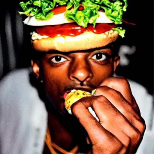 Image similar to a realistic photo of playboi carti eating a burger, film grain, vintage photo, high contrast