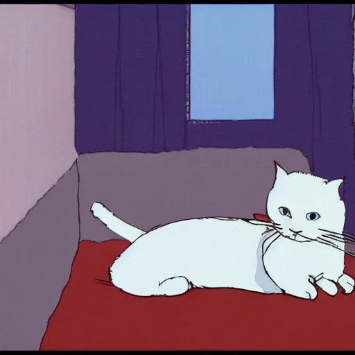 Prompt: a white ragdoll cat lies on the bed in the girl's bedroom, warm atmosphere, by studio ghibli