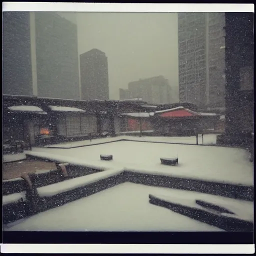 Prompt: atmospheric polaroid photo of a snowy japanese courtyard on top of a skyscraper