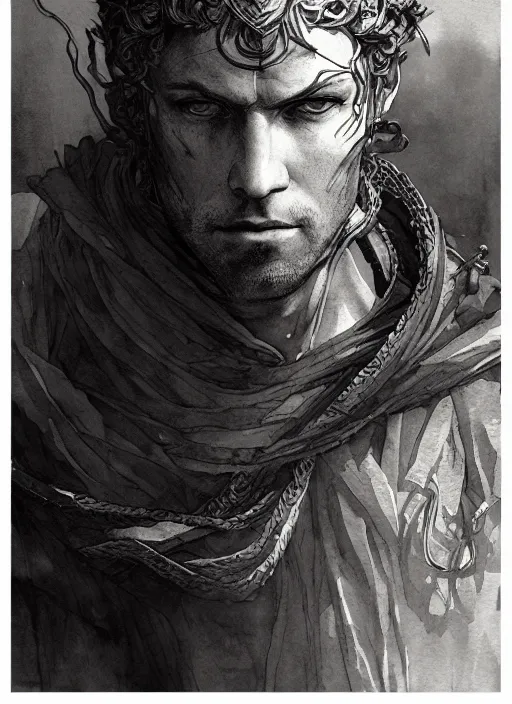 Image similar to portrait, the medieval hero, watercolor, dramatic lighting, cinematic, establishing shot, extremely high detail, foto realistic, cinematic lighting, pen and ink, intricate line drawings, by Yoshitaka Amano, Ruan Jia, Kentaro Miura, Artgerm, post processed, concept art, artstation, matte painting,