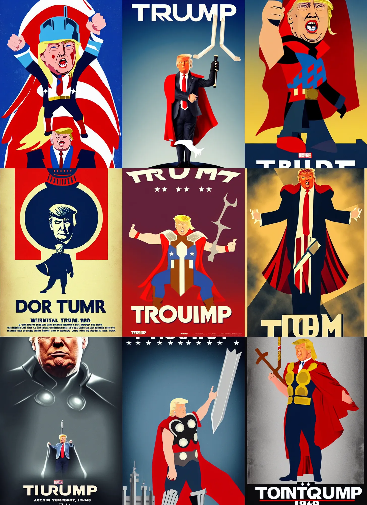 Prompt: donald trump as thor, 1 9 4 0 s movie poster, minimalist, trending on artstation