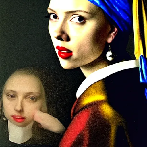 Prompt: Scarlett Johansson with a pearl earring by Johannes Vermeer, photography, photo