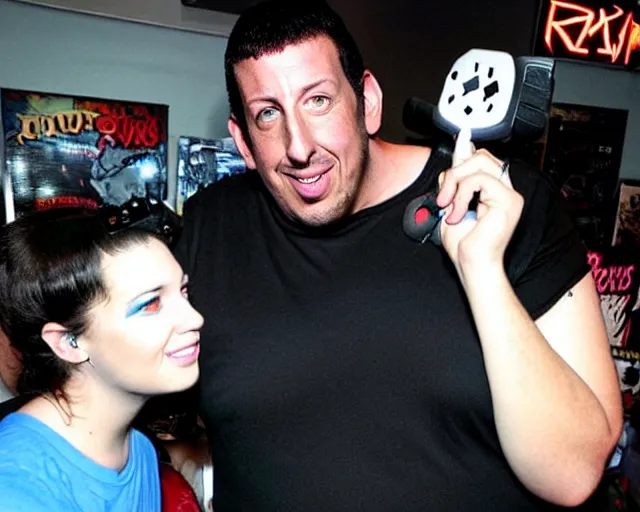 Image similar to fat gamer adam sandler wearing gamer shorts. surrounded by adoring female goth vampires.