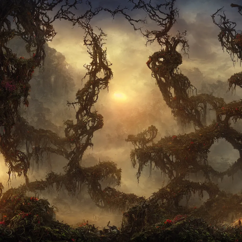 Image similar to An incredibly beautiful but ominous matte painting depicting a profusion of evil carnivorous vines and colorful flowers and lush exotic trees and bloated toadstools, with horrifying huge burning eyes and jagged bloody teeth, overgrowing a desolate ruins submerged in fog beneath the setting sun, nvidia, vray, evening, epic scale