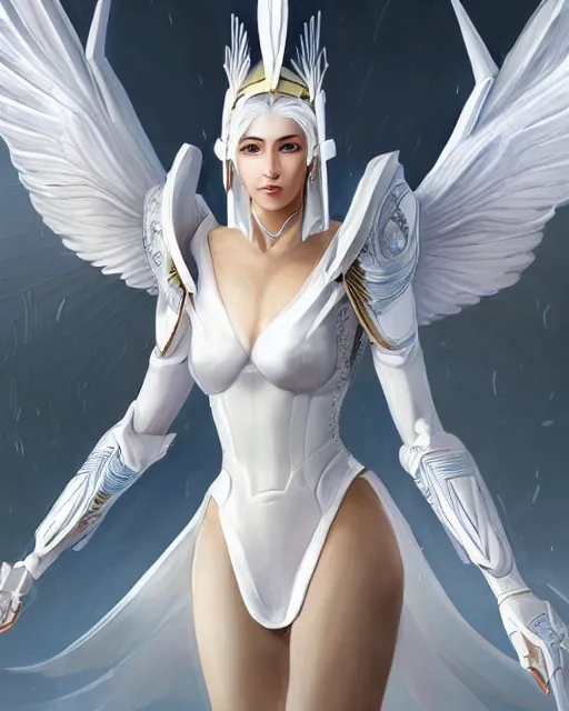 Image similar to perfect white haired egyptian goddess wearing white dove wings, warframe armor, regal, attractive, ornate, sultry, beautiful, dreamy, half asian, pretty face, blue eyes, detailed, scifi platform, 4 k, ultra realistic, epic lighting, android body, illuminated, cinematic, masterpiece, art by akihito tsukushi, voidstar, artgerm