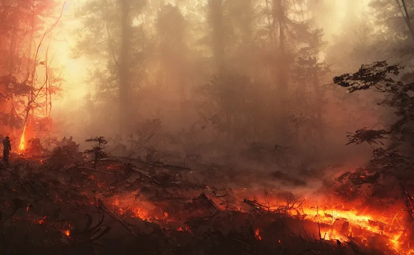 Image similar to scattered wreckage and debris, crater explosion. one single fighter design spaceship on fire crashed on the ground, on the ground, smoke, smoke, cloudy air, forest, swamp. Atmospheric lighting, overgrowth. By Makoto Shinkai, Stanley Artgerm Lau, WLOP, Rossdraws, James Jean, Andrei Riabovitchev, Marc Simonetti, krenz cushart, Sakimichan, trending on ArtStation, digital art.