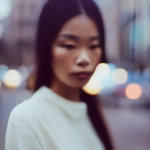 Image similar to a close-up of a gorgeous woman’s face looking at the camera with a mix of desperation and awe, soft blurred city background, captured in low light and soft focus, cinestill 800t