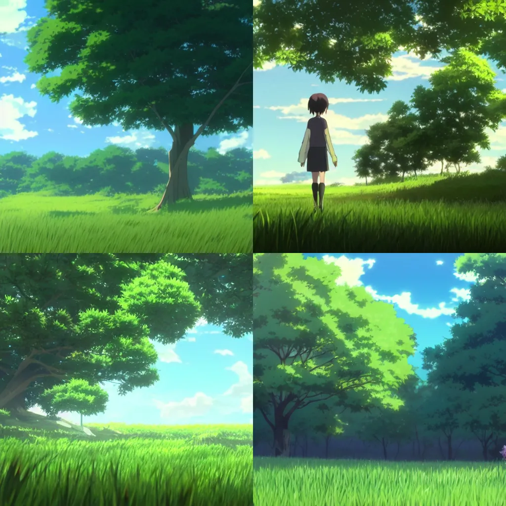Prompt: screenshot from the anime film makoto shinkai of a beautiful grassy field with trees