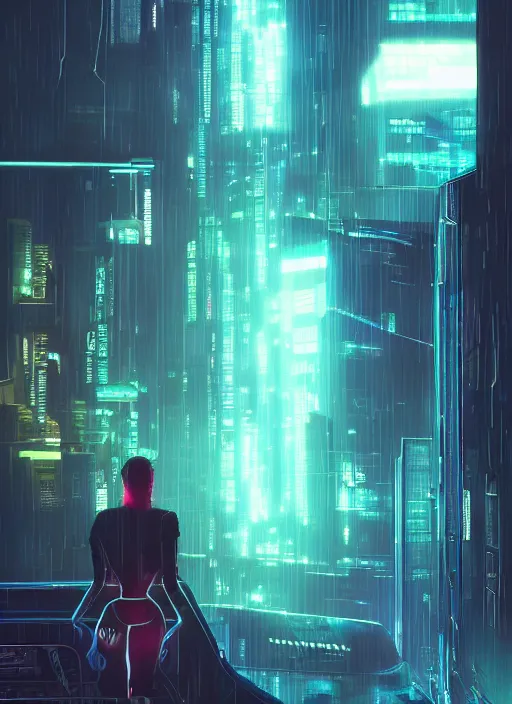 Prompt: lonely cyber person made of cosmic galaxy energy watching a vast rainy colorful complex cyberpunk futuristic city from behind at night through a window in a room, 8 k, photorealistic, concept art, wet, highly detailed, cinematic mood by ridley scott, ghost in the shell, akira, digital painting, trending on artstation, glowing lights, sharp focus, epic composition