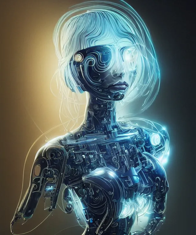 Prompt: a woman turning into an Android portrait wearing a part cybernetic body, surrealism , scifi, intricate, elegant, sharp eyebrows, ornate long flowing blonde hair, highly detailed cybernetic body, neon glowing eyes, digital painting, artstation, concept art, smooth, sharp focus, illustration, art by Artgerm and moebius and Peter Mohrbacher