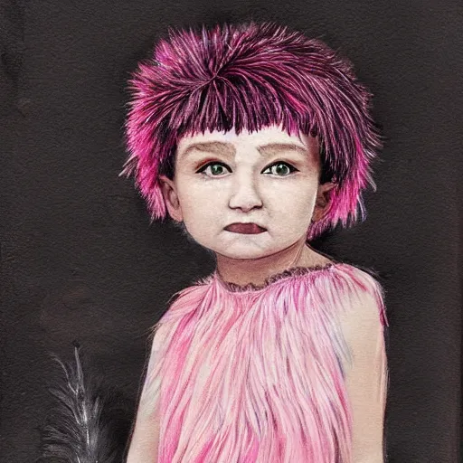 Prompt: little girl with an pink bizarre haircut wearing an dress made of black feathers, artwork made in art style ilya kushinov
