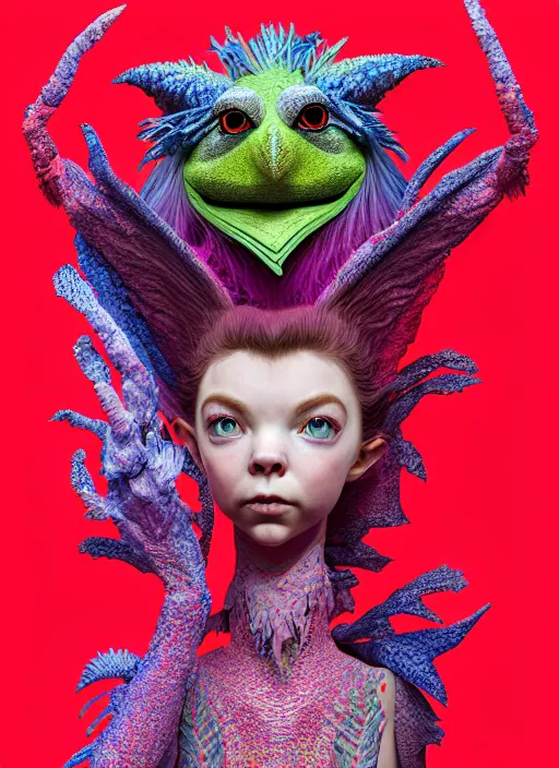 Image similar to hyper detailed 3d render like a Oil painting - kawaii portrait of two Aurora (a beautiful skeksis muppet fae princess protective playful expressive from dark crystal that looks like Anya Taylor-Joy) seen red carpet photoshoot in UVIVF posing in scaly dress to Eat of the Strangling network of yellowcake aerochrome and milky Fruit and His delicate Hands hold of gossamer polyp blossoms bring iridescent fungal flowers whose spores black the foolish stars by Jacek Yerka, Ilya Kuvshinov, Mariusz Lewandowski, Houdini algorithmic generative render, golen ratio, Abstract brush strokes, Masterpiece, Edward Hopper and James Gilleard, Zdzislaw Beksinski, Mark Ryden, Wolfgang Lettl, hints of Yayoi Kasuma and Dr. Seuss, octane render, 8k