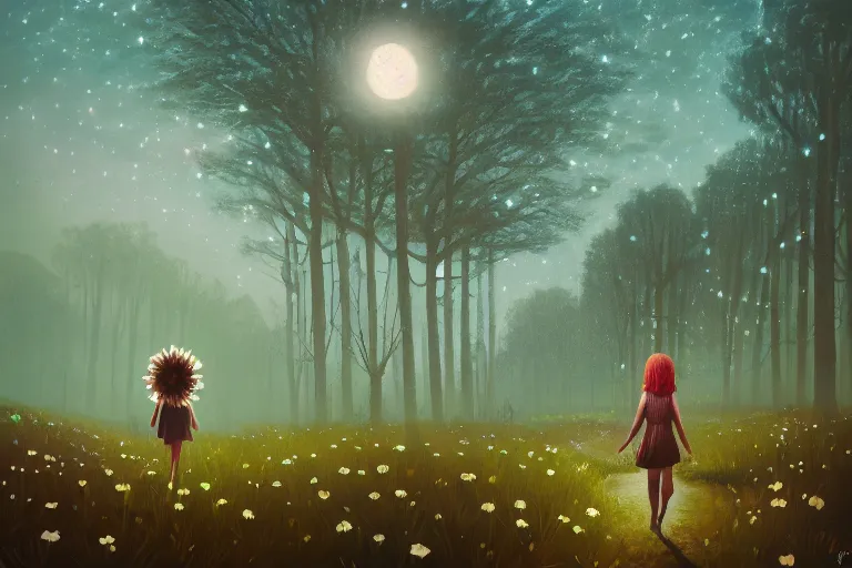 Image similar to giant daisy flower head, girl walking in a moonlit forest, hills, surreal photography, dark night, star trails, dramatic light, impressionist painting, clouds, digital painting, artstation, simon stalenhag