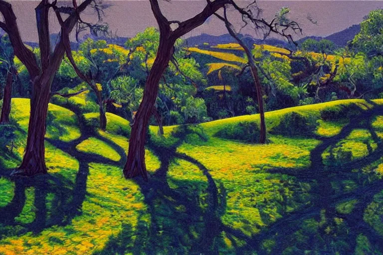 Prompt: masterpiece painting of oak trees on a hillside overlooking a creek, dramatic lighting, by wayne thiebaud