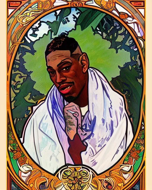 Image similar to a portrait painting of ( ( ( dennis rodman ) ) ) in the style of alphonse mucha!!!