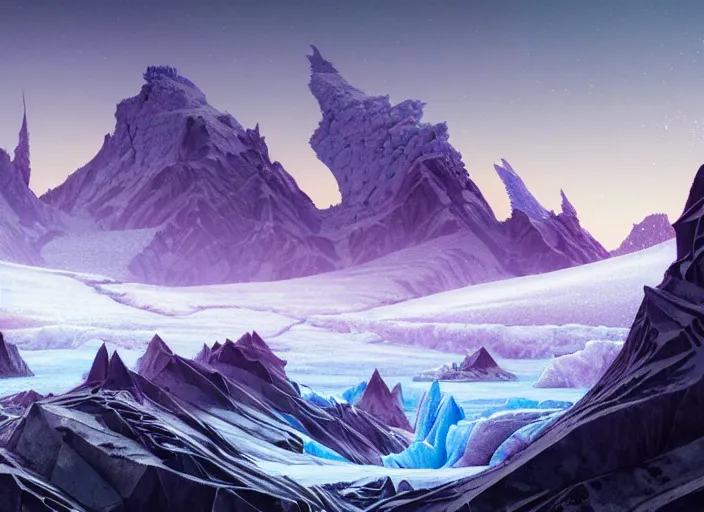 Image similar to detailed intricate digital illustration by greg rutkowski and wlop and sanford robinson gifford ; icy glacier landscape with shards of purple glistening geode sticking up from the ground like mountains, puffy clouds and snow ; 1 3 mm film, arri alfa anamorphic lens ; sharp focus, golden hour lighting, trending on artstation 4 k