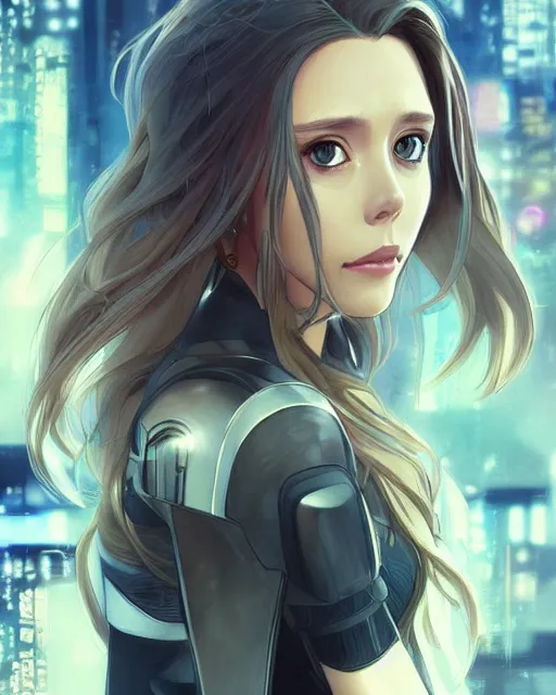Prompt: anime key visual of elizabeth olsen police officer, cyberpunk, futuristic, perfect eyes, stunning features, very very perfect face!!!, high details, digital painting, artstation, smooth face, soft focus, illustration, art by artgerm and greg rutkowski and alphonse mucha