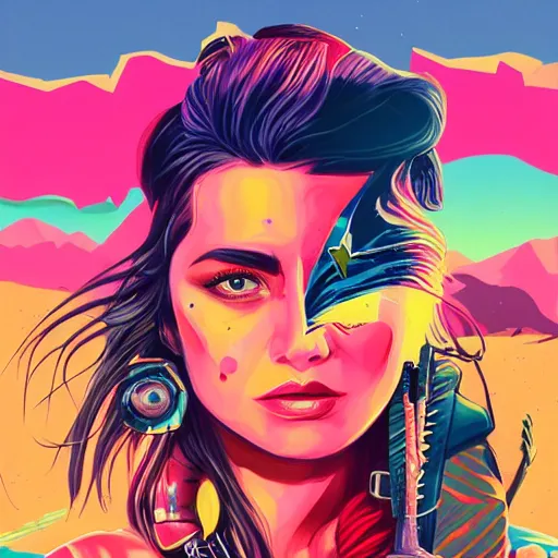 Image similar to Summer Dream, retro, desert highway, lone ranger, retro colors, bold colors, drawn by Sandra Chevrier, 8k, digital art, artstation