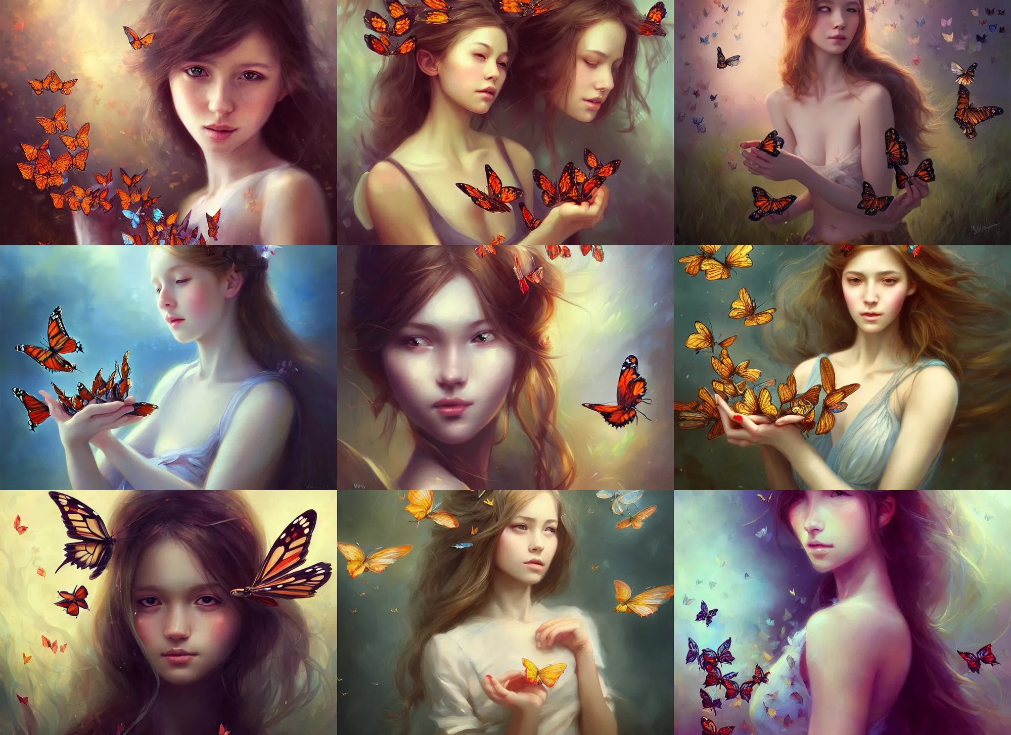 Prompt: a beautiful young lady holding a bunch of butterflies, art by wlop, deviantart contest winner, fantasy art, detailed painting, artwork