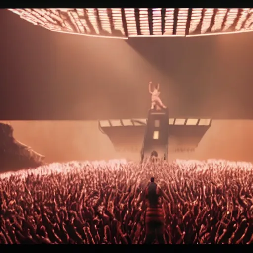 Image similar to kanye west performing at the saint pablo tour, cinematic, color grading, camcorder effect, ektachrome, fujifilm superia, side - view, closeup - view, rtx, glsl - shaders, post - production, cel shading, vfx, by wangechi mutu, by weta digital, by weta fx, by wlop