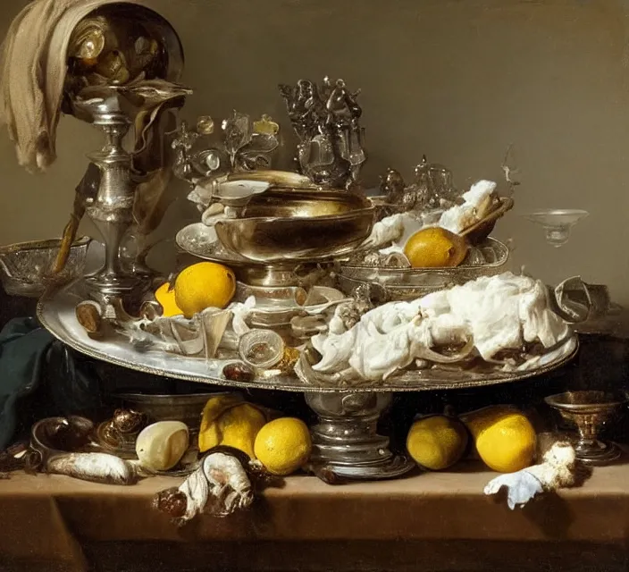 Prompt: still life by willem claesz heda, overturned ornate chalice, tiny fluffy white bunnies, surreal glass goblets, bread, olives, oysters, peeled lemons, linen, a house fly, silver platter, leftover meat pie,