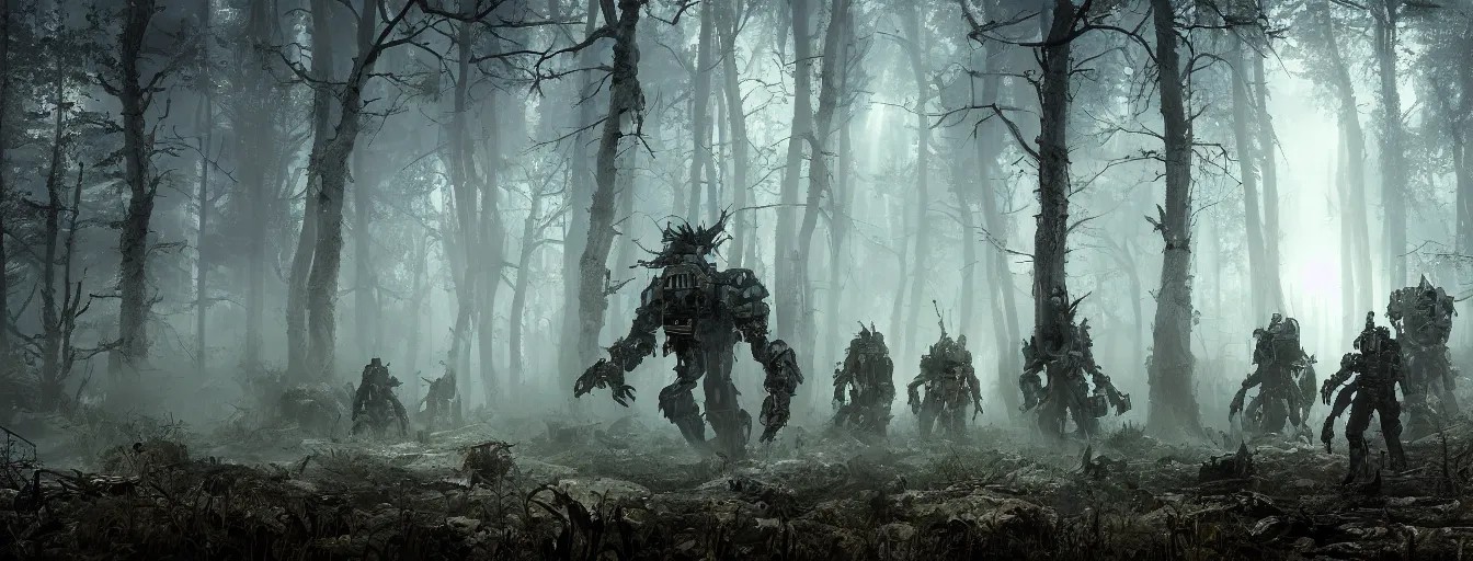 Image similar to image of deep forest with terrific and creepy mechwarriors with volumetric lights, running and hunting people, post - apocalyptic style, high detail, dramatic moment, motion blur, ground fog, dark atmosphere, saturated colors, by darek zabrocki, render in unreal engine - h 7 0 4