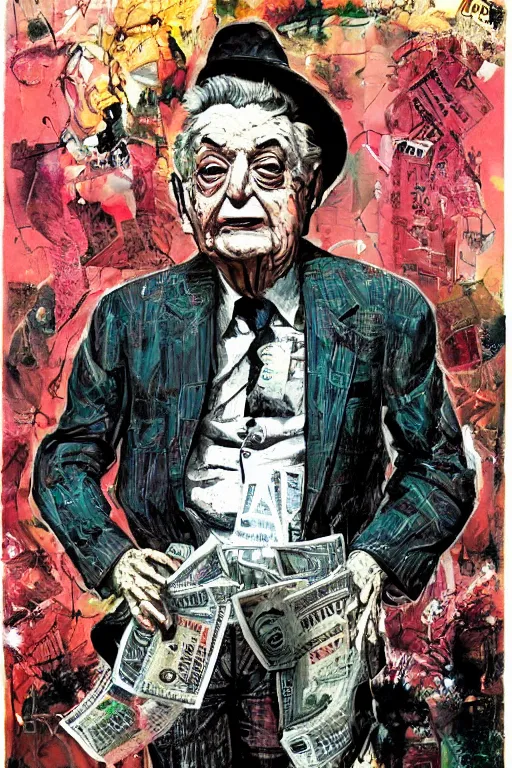 Image similar to George Soros full body shot, dollar bills Body horror, biopunk, by Ralph Steadman, Francis Bacon, Hunter S Thompson