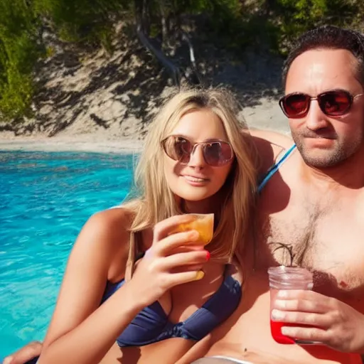 Image similar to photo of a 4 0 year old man that looks young for his age dating a very attractive 2 2 year old woman wearing a bikini. she is drinking a large bottle of water.