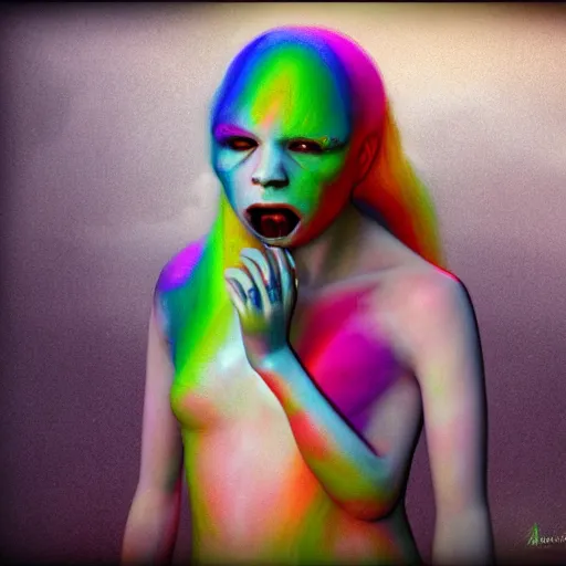 Image similar to beautiful albino model puking rainbows, unral engine octane, colorful, darkart