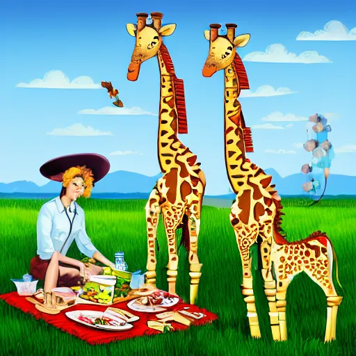 Prompt: mechanical giraffes, having a picnic, realistic,