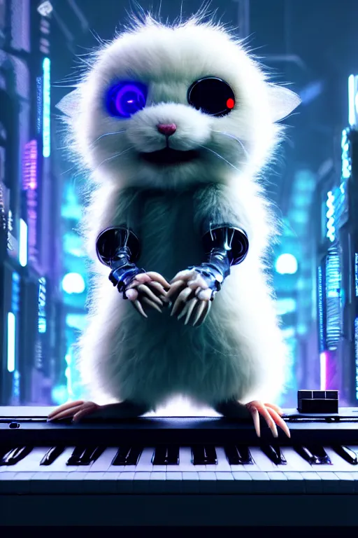 Prompt: high quality 3 d render very cute fluffy cyborg!! rat plays keyboard, cyberpunk highly detailed, unreal engine cinematic smooth, in the style of blade runner & detective pikachu, hannah yata charlie immer, moody light, low angle, uhd 8 k, sharp focus