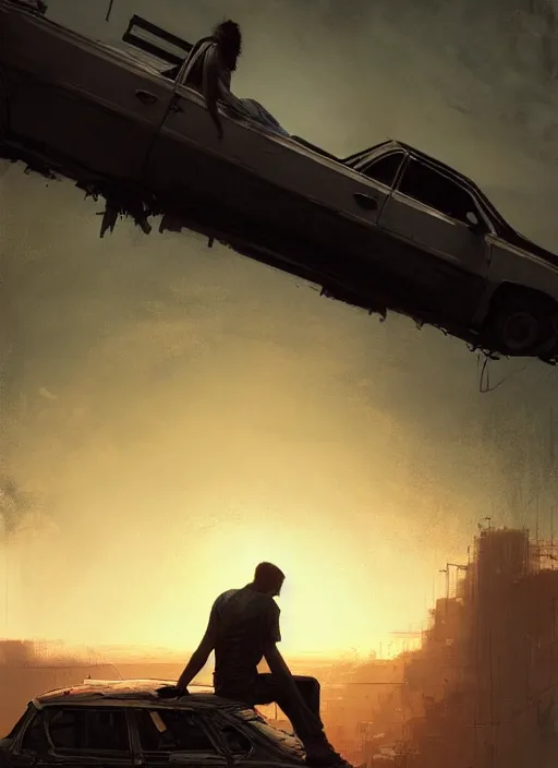 Image similar to apocalypse survivor sitting on car roof looking at the sunset, rule of thirds, intricate, by greg rutkowski, by jeremy mann, digital painting