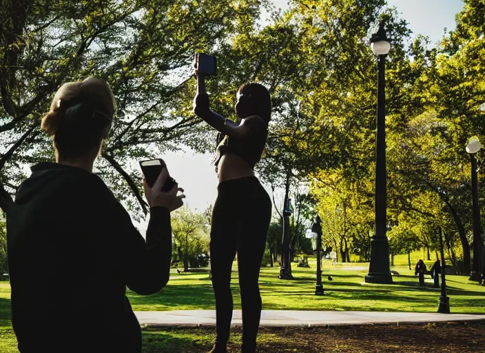 Image similar to photo still of a bronze statue of a woman using an iphone to take a selfie in a park on a bright sunny day, 8 k 8 5 mm f 1 6