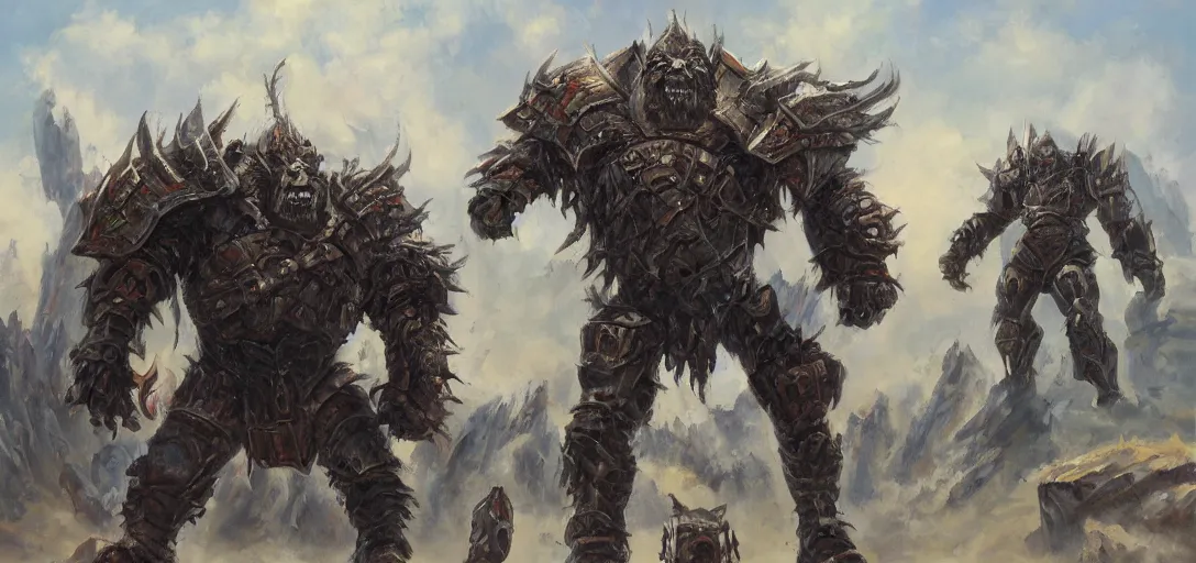 Image similar to oil painting of lone giant orc in futuristic armor roars as it steps over it's fallen enemy's bodies, boris vallego