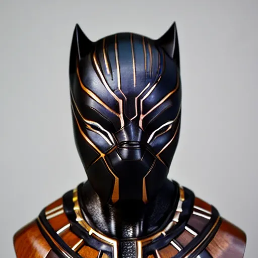 Prompt: a real - world sculpture bust of the black panther marvel character, made of highly polished walnut wood, polished, cedar, polished tiger - wood. photograph, photographic, 3 5 mm