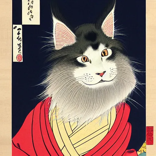 Prompt: beautiful portrait ukiyo - e painting of an ginger maine coon with white beard by kano hideyori, kano tan'yu, kaigetsudo ando, miyagawa choshun, okumura masanobu, kitagawa utamaro